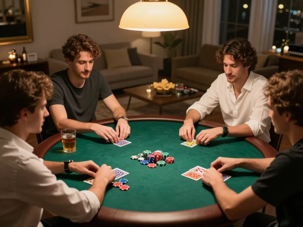 Friends enjoying a CK444 poker night, with colorful chips and warm ambiance around a round table.