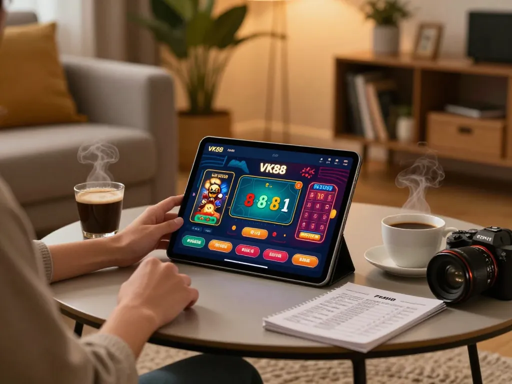 Engaging in VK88 casino gaming on a tablet at home, highlighting strategic betting with a cozy setup.
