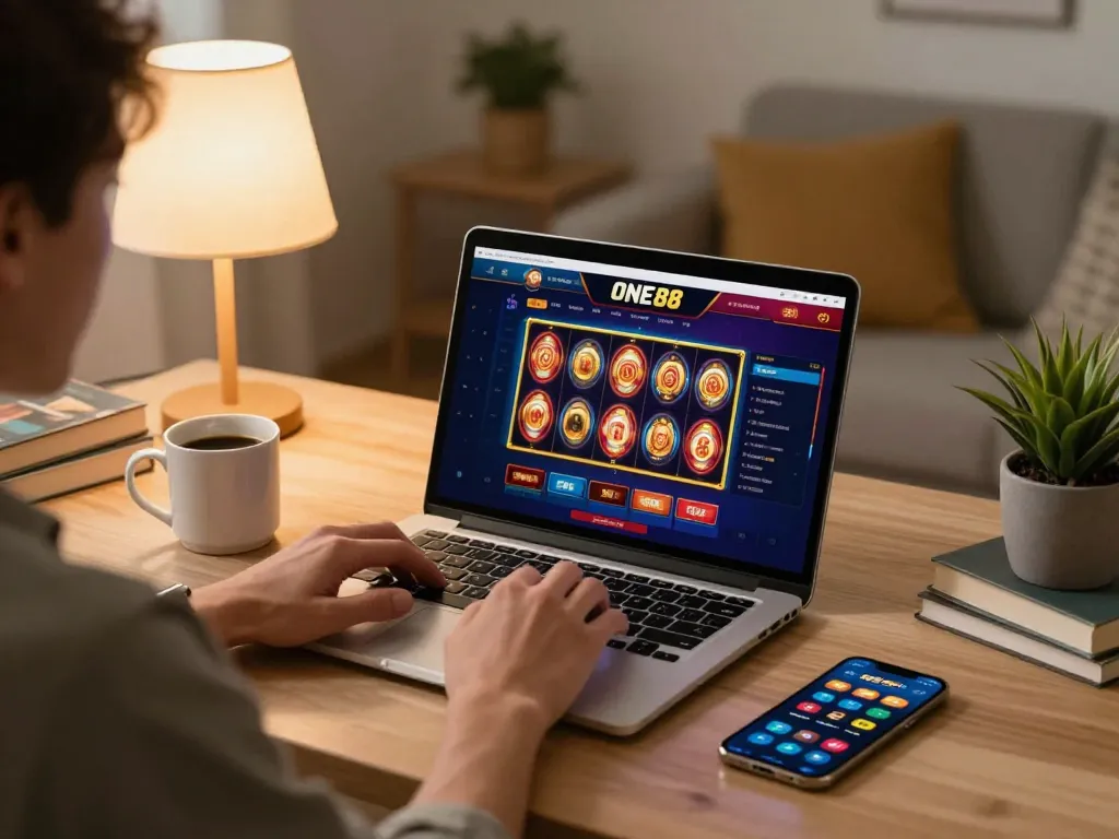 Player enjoying online slots at ONE88 casino, showcasing a cozy gaming atmosphere with personal touches.