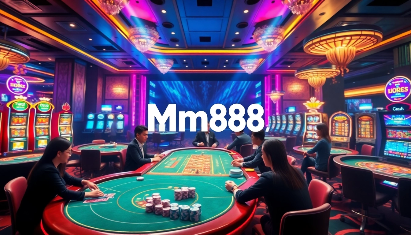 Experience the thrill of Mm88 with vibrant casino games, players, and luxurious decor.