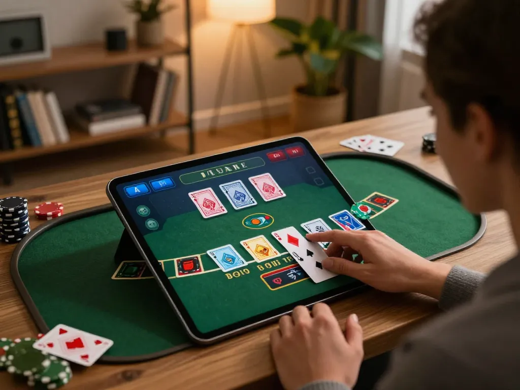 Person enjoying a blackjack game on a tablet at home, showcasing 888newcasino com gaming strategy