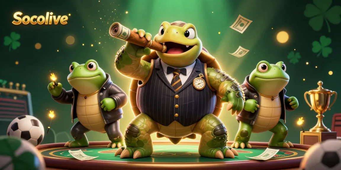Socolive showcases a lively sports betting scene with a cartoon turtle and bullfrogs celebrating wins amidst dynamic elements.