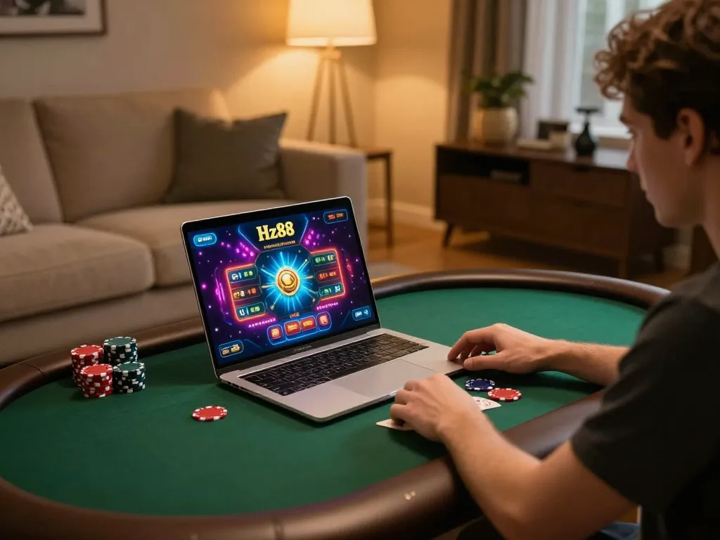 Engaging in online poker gaming on Hz88 platform, vibrant app graphics visible on laptop screen, cozy home setting