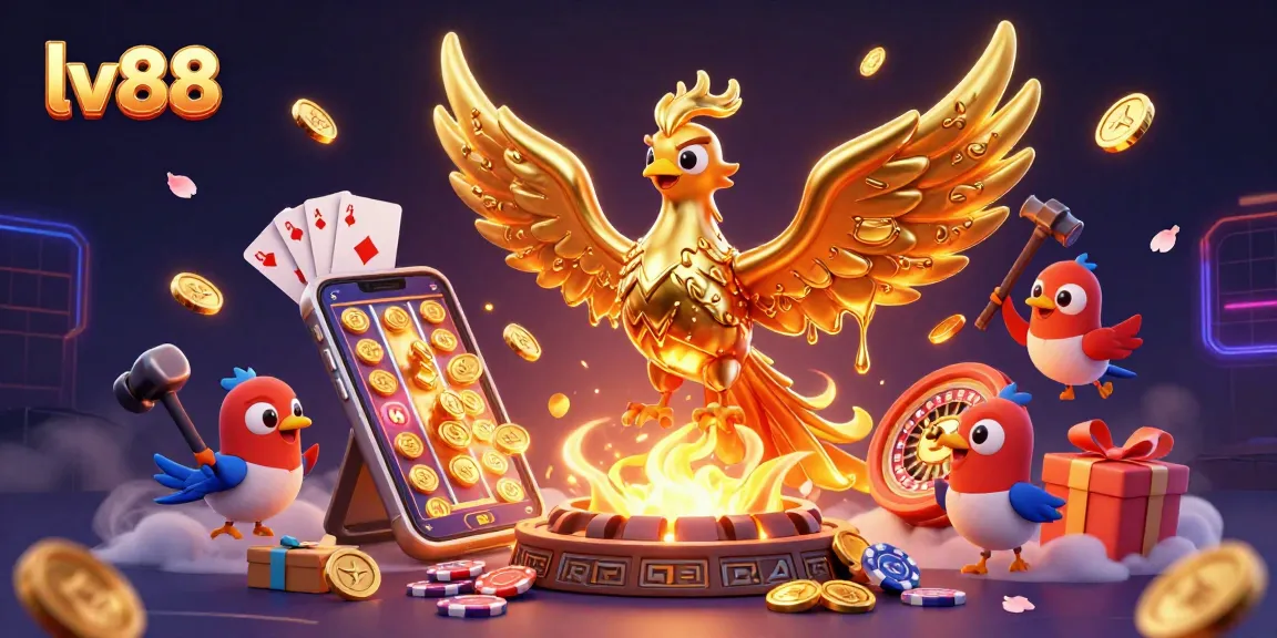Experience the thrill of lv88 with a stunning 3D phoenix and vibrant slot game elements bursting with energy.