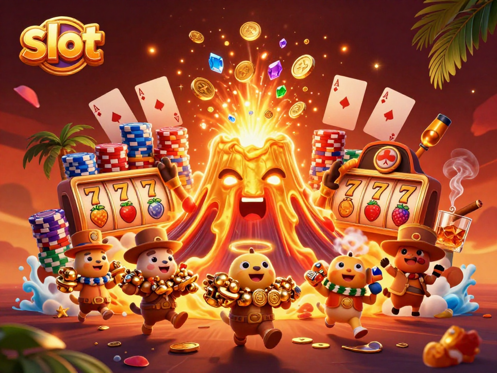 Experience thrilling slot action with a golden volcano erupting treasures and lively characters.