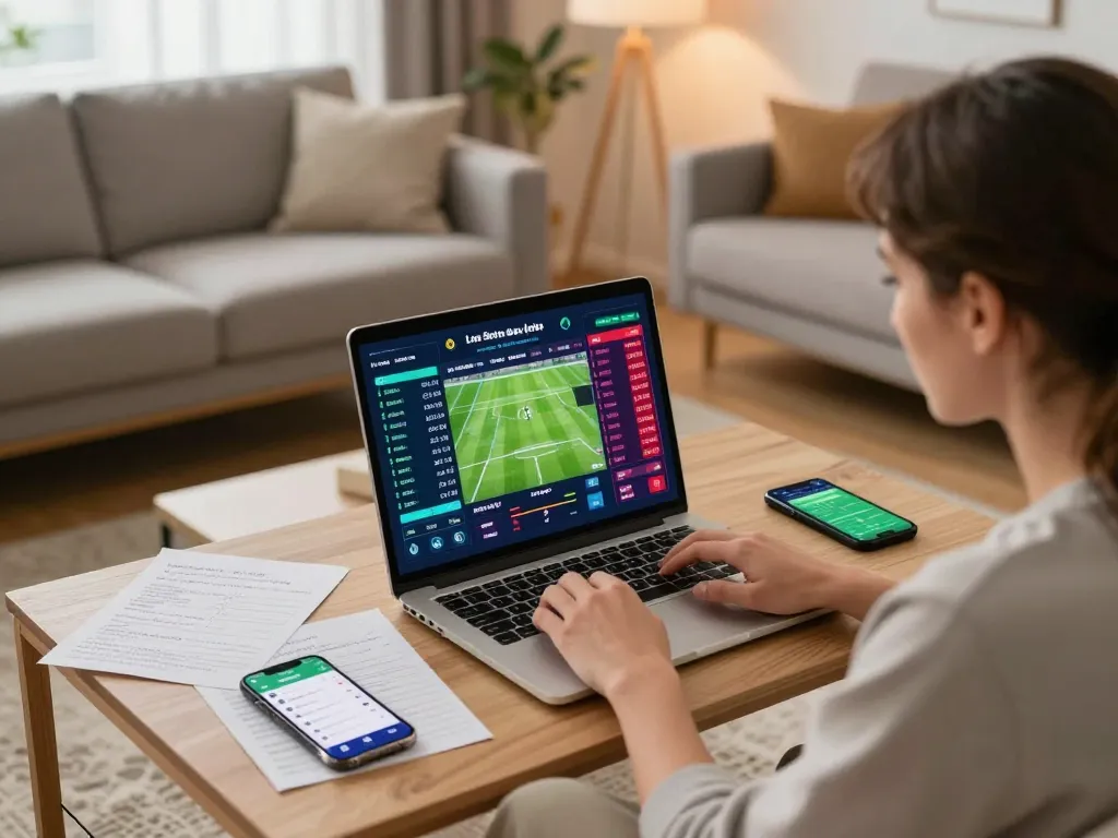 A person reviewing Kèo nhà cái 5 chuẩn data in a cozy home setting during a sports betting session.