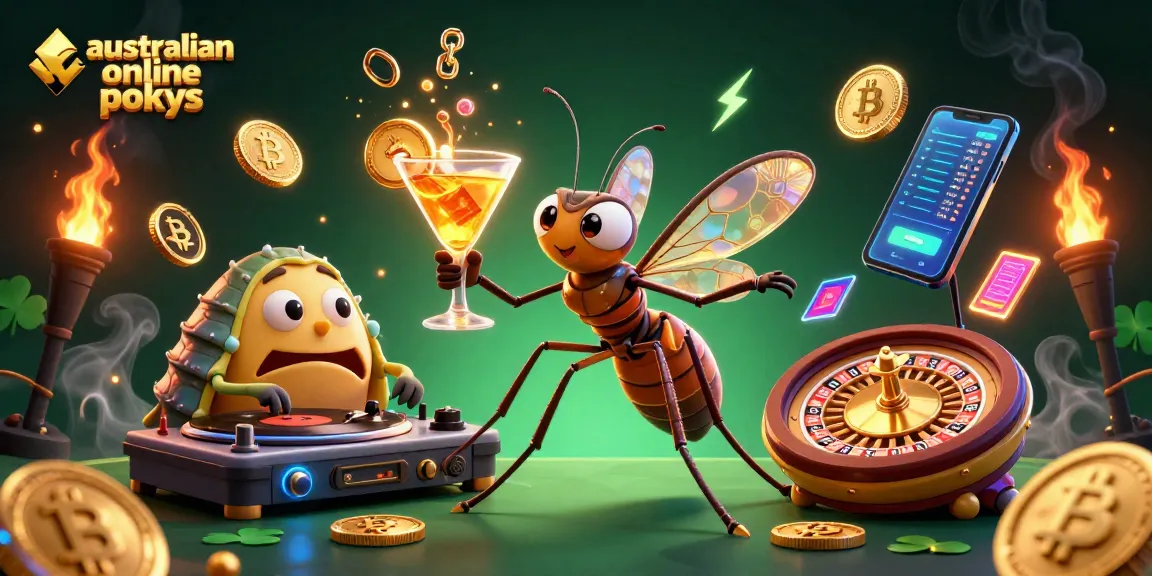 Engage with australian online pokies through an illustration of a frozen mosquito mascot and trilobite DJ.