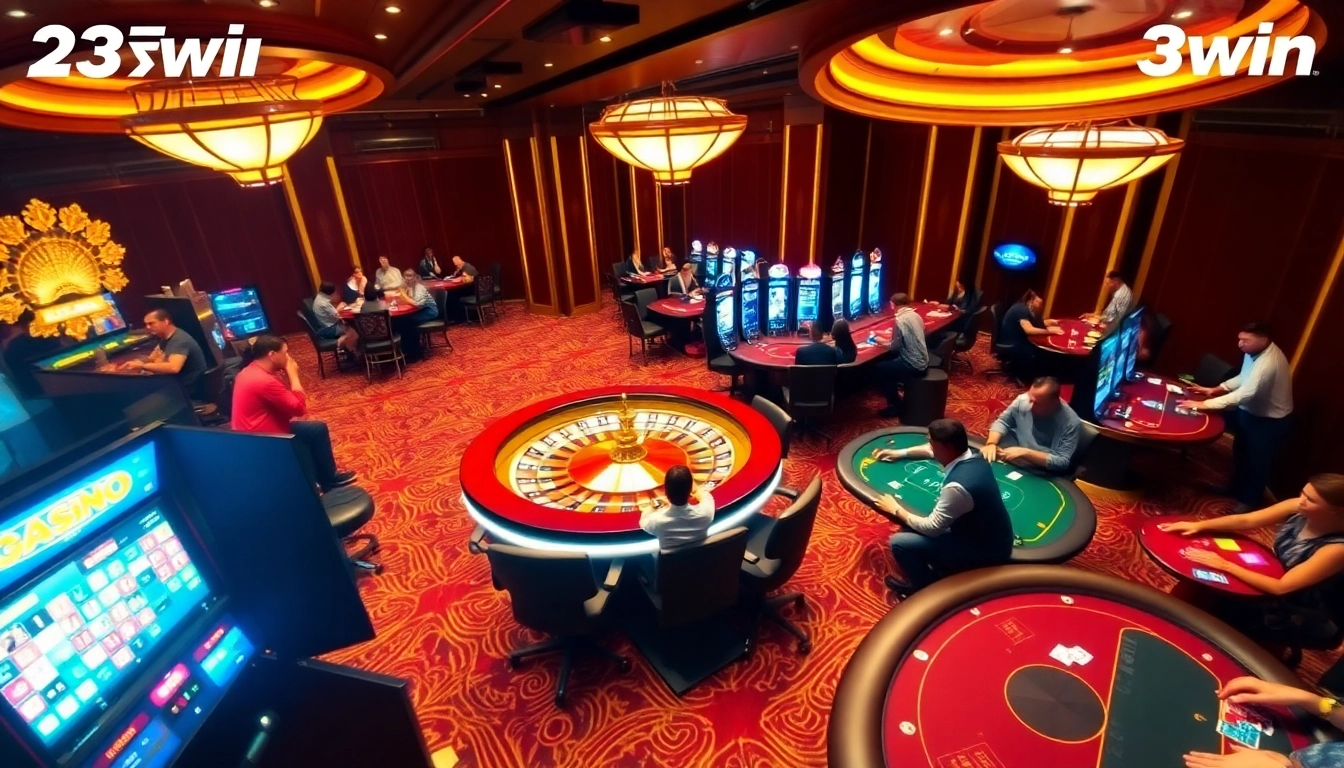 Players enjoying their time at 23win casino with vibrant slot machines and poker tables.
