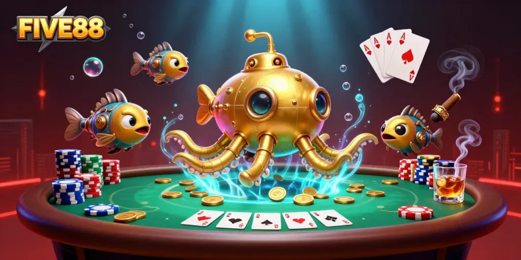 Engage with FIVE88's thrilling underwater casino adventure, featuring a golden kraken and poker elements.