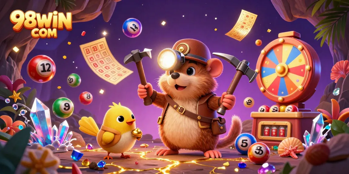 Play slots and win with thrilling illustrations featuring 98WIN COM and vibrant game elements.