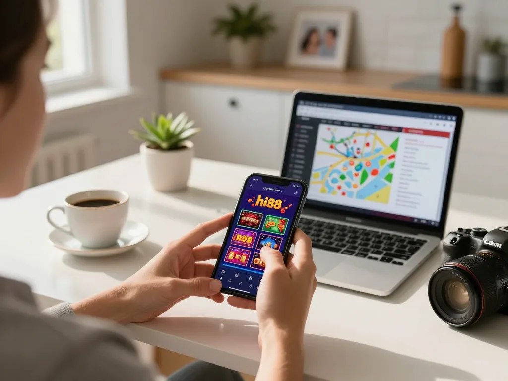 Engaged player using the hi88 app on smartphone for online gambling while enjoying a relaxed home atmosphere.