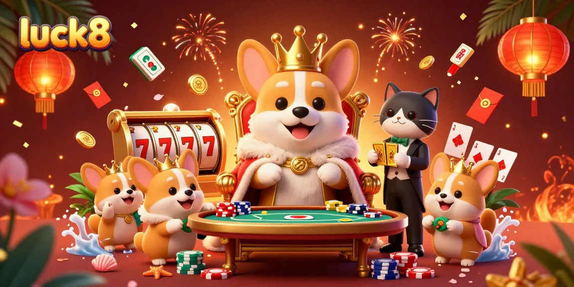 Experience luck8's thrilling world of gaming with vibrant characters and dynamic casino elements in a lively scene.