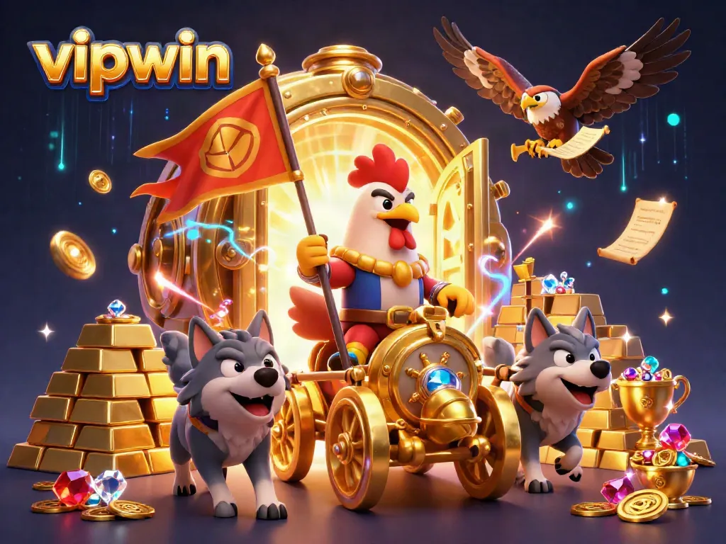 Capture the thrill of vipwin with a dynamic 3D scene featuring a rooster warlord in a golden chariot and treasure.