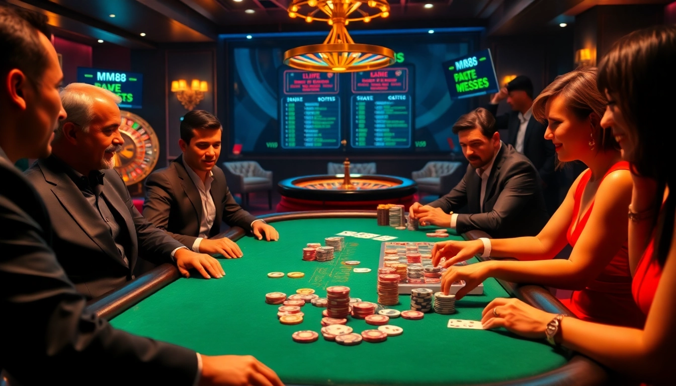 MM88 poker players engaged in a thrilling game at a luxurious casino table.
