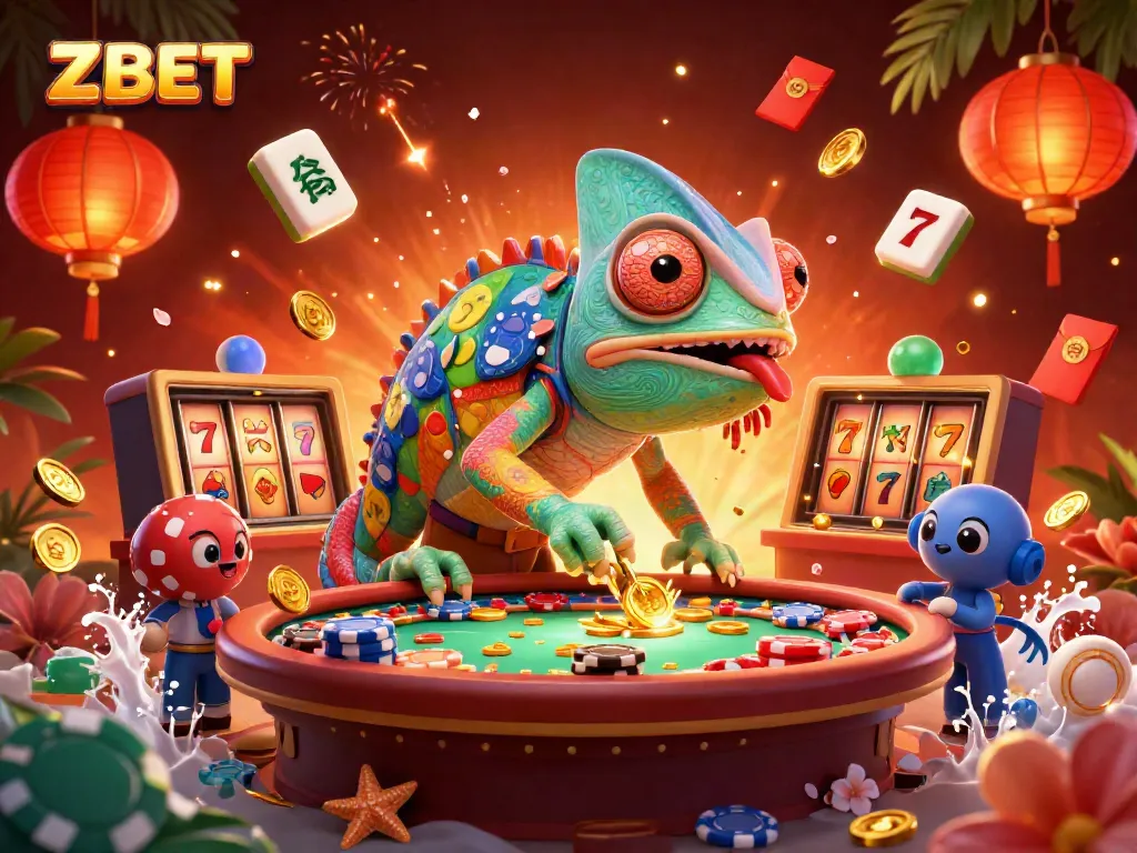 ZBET's vibrant chameleon casino owner amidst slot reels, joyful luck, and rich decorations