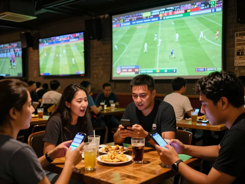 Engaging in kèo nhà cái hôm nay by betting on a football match at a lively sports bar.