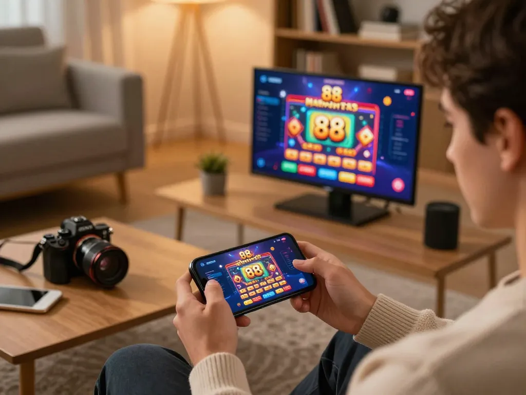 Player engages with fun 88 app on smartphone in a modern living room environment, promoting responsible gaming.