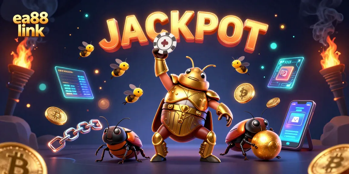 Experience the excitement of the ea88 link with a victorious beetle champion surrounded by glittering casino elements.