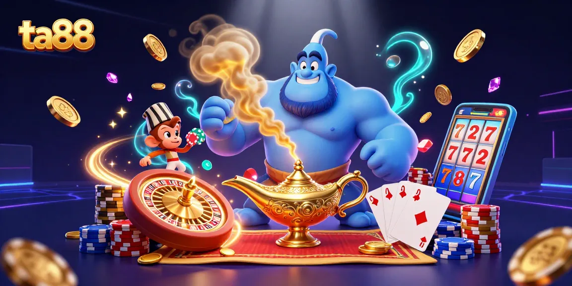 Experience thrilling gaming adventures with ta88, featuring a magical genie and poker chips in a vibrant casino scene.