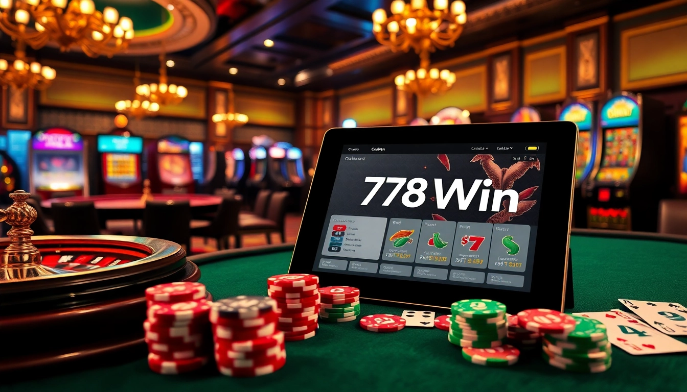 Engaging scene of gamblers enjoying 78Win online with vibrant poker chips and a roulette wheel.