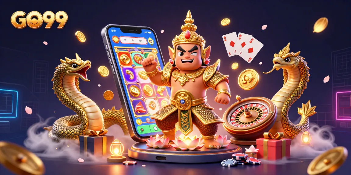 Engage with GO99's vibrant casino atmosphere featuring a lively yaksha guardian and gaming excitement.