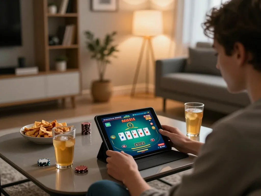 Người chơi KO66 đặt cược trong một trò chơi poker trực tuyến trong khi thưởng thức đồ ăn nhẹ tại một không gian ấm cúng tại nhà.
