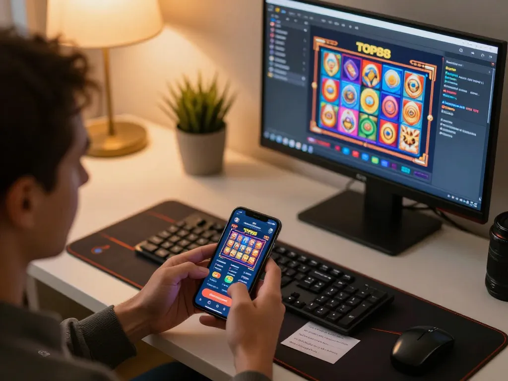 TOP88 app on smartphone showcases vibrant gameplay during engaging online gambling session at home.