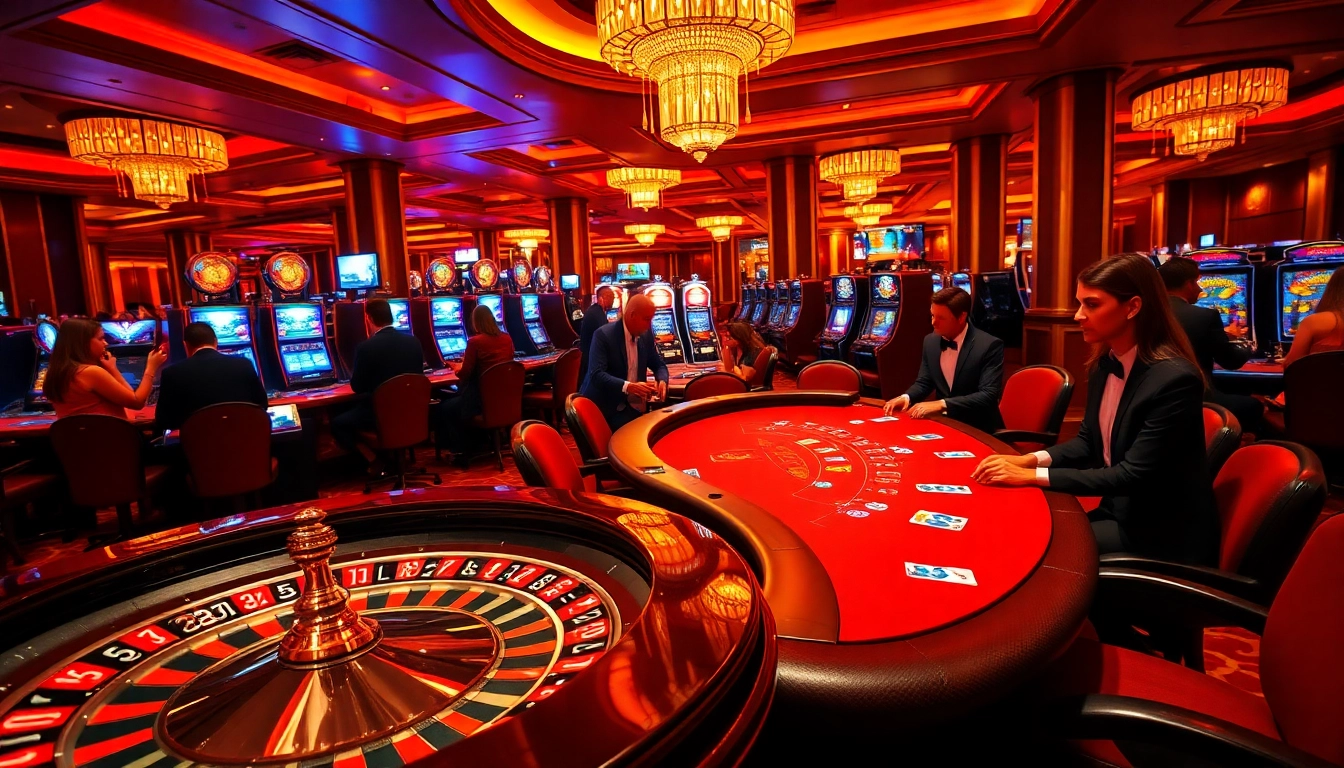 C168 casino scene showcasing excited players at poker and roulette tables with vibrant decor.