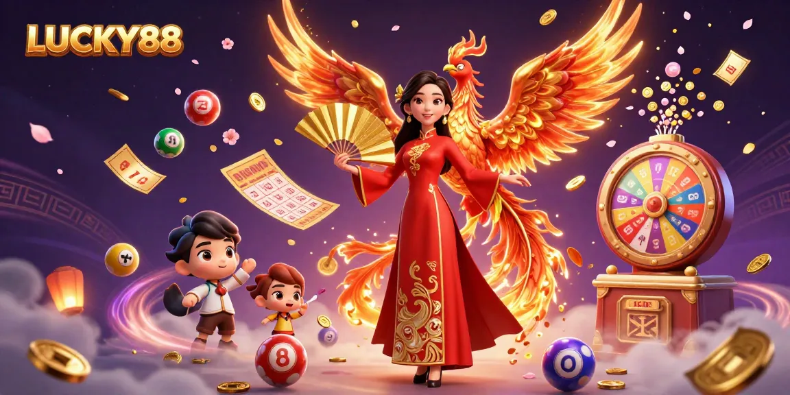 Engage with LUCKY88 through a vibrant casino-themed illustration featuring dynamic elements of lottery excitement.