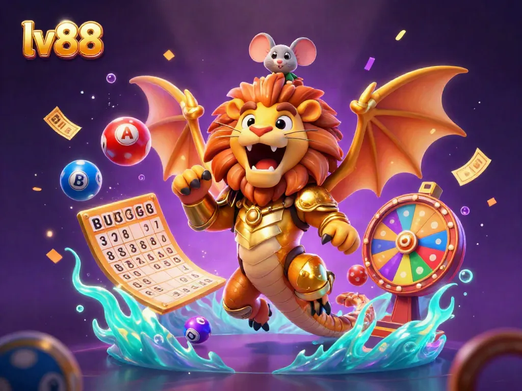 Experience thrilling gaming at lv88 with a roaring chimera and dynamic casino elements bursting around.