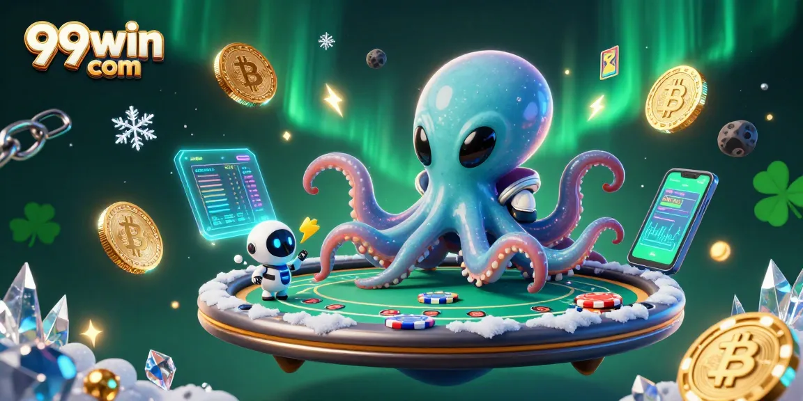 Engage with the exciting world of 99win com as an alien octopus plays poker in space.