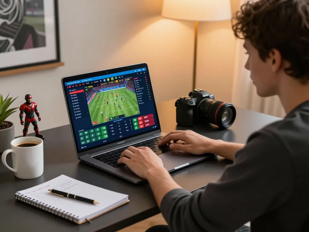 Engaged bettor using pronorte for online sports betting with a strategic view on screen.