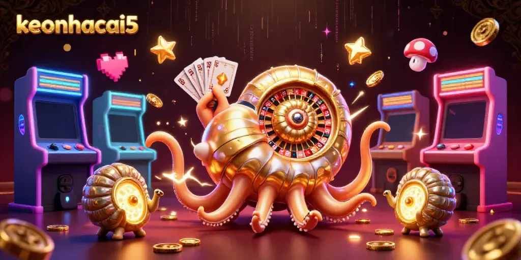 Engage in thrilling bets with keonhacai5 as an ancient nautilus character reveals cards and spins a roulette wheel.