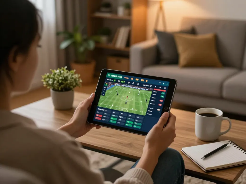 Engaging in live betting at nhà cái lv88 with tablet in cozy home setting