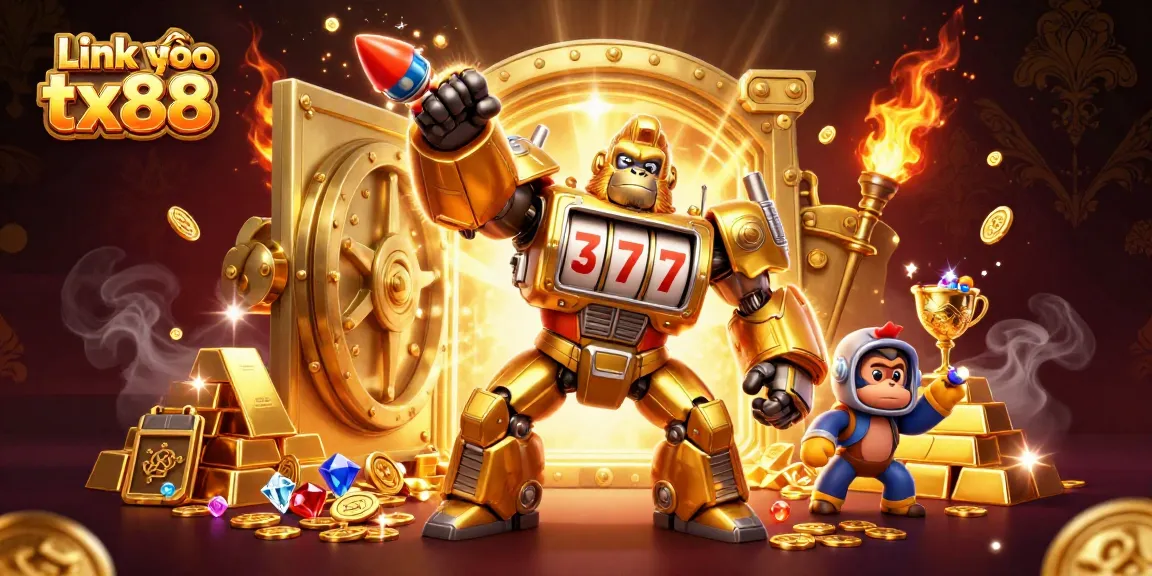 Experience thrilling action and excitement with Link vào tx88 as the golden gorilla mech triumphs with huge coin explosions.