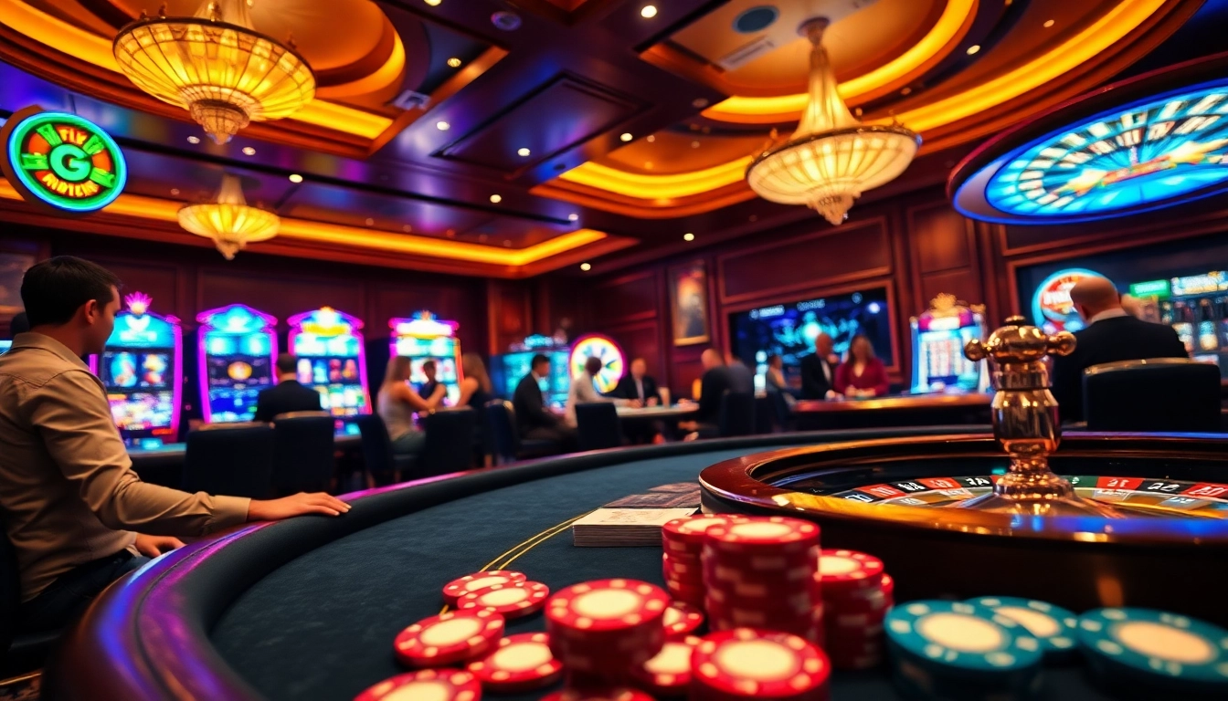 Experience the thrill of vipwin in a vibrant casino setting with poker tables and slot machines.