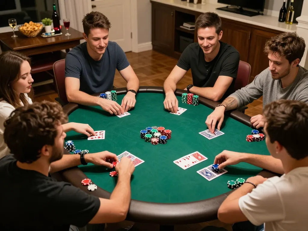 Kèo nhà cái hôm nay highlights players engaged in a lively home poker game, showcasing chips, cards, and social interaction.