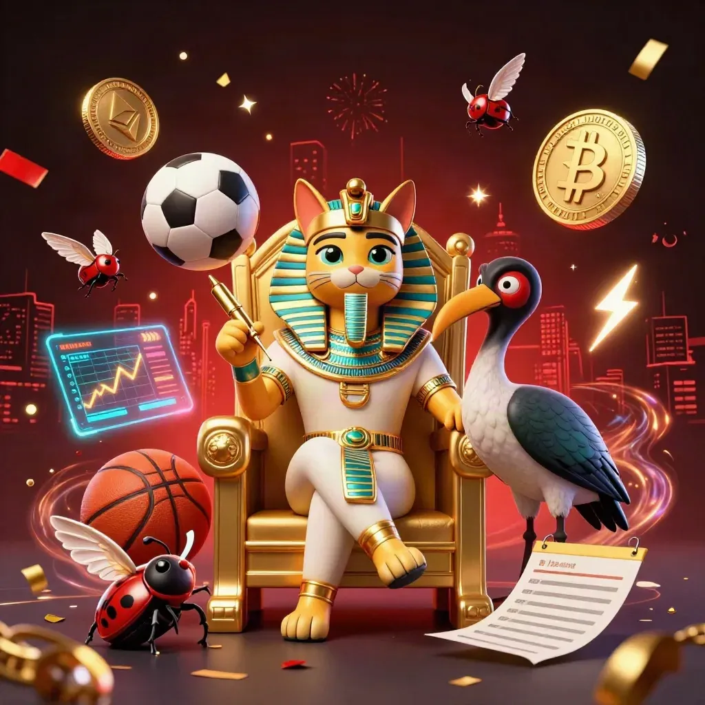 Pharaoh cat and ibis on a gold throne amid a flying ball, coins, sparks, and neon casino glow.