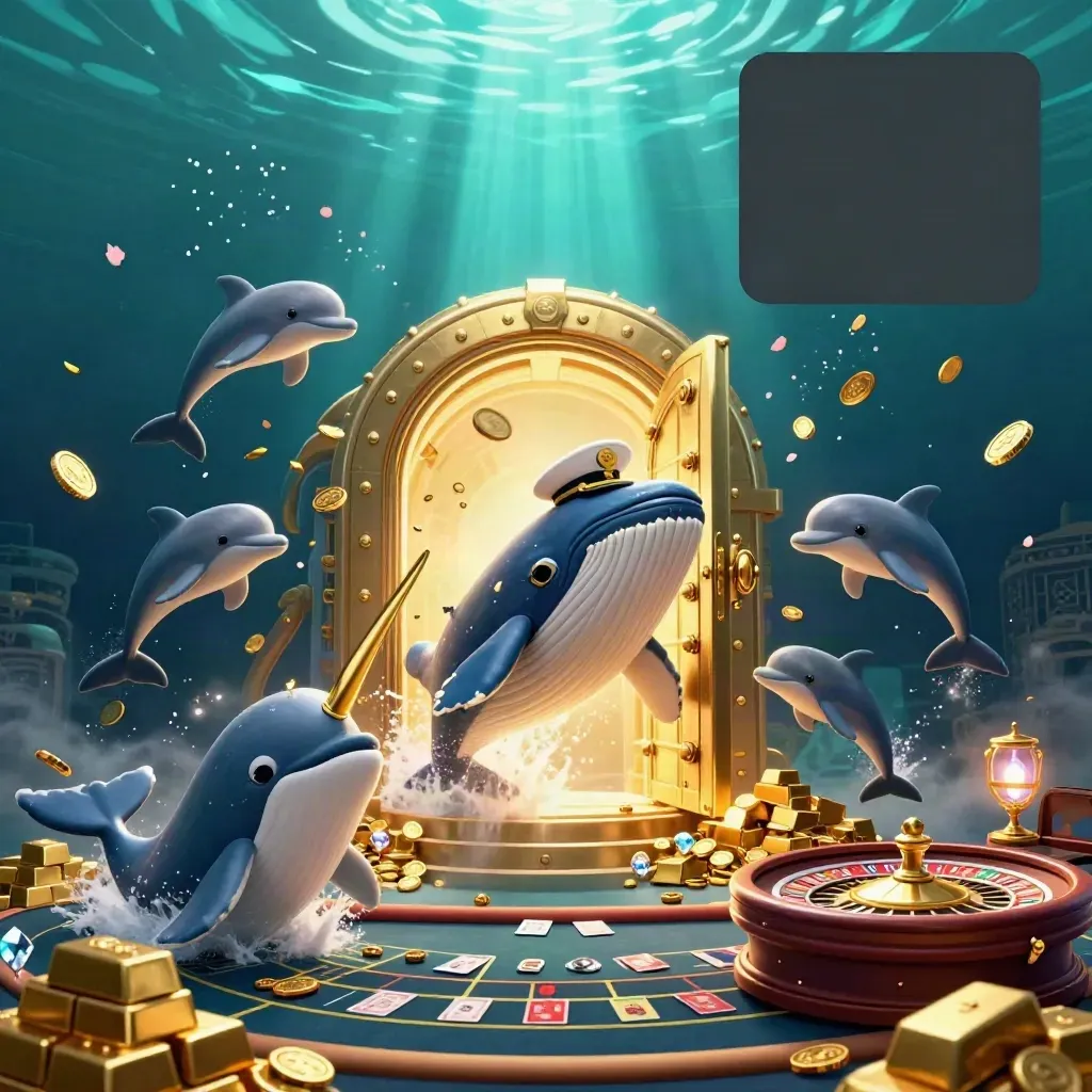 Whale captain, narwhal, and dolphins burst from gold in an underwater casino treasure scene.
