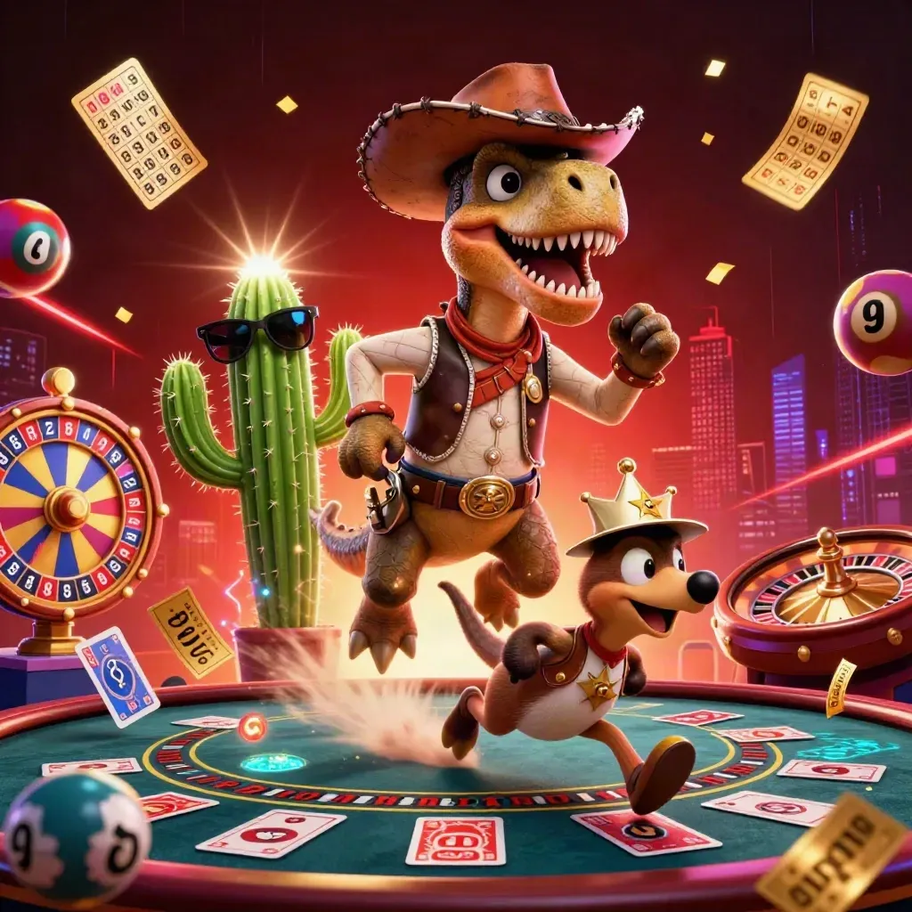 Three cartoon casino heroes burst amid glowing game props and neon city lights.