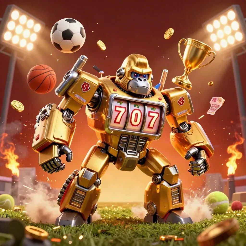 Golden gorilla slot-mech with tiny pilot, sports balls, trophy and coins in a fiery casino splash.