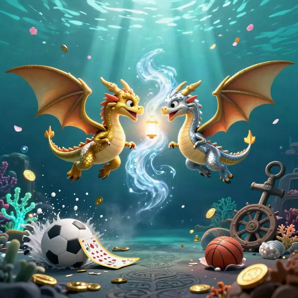 Twin gold and silver dragons above an underwater casino cove with sports balls, coins, and glowing light