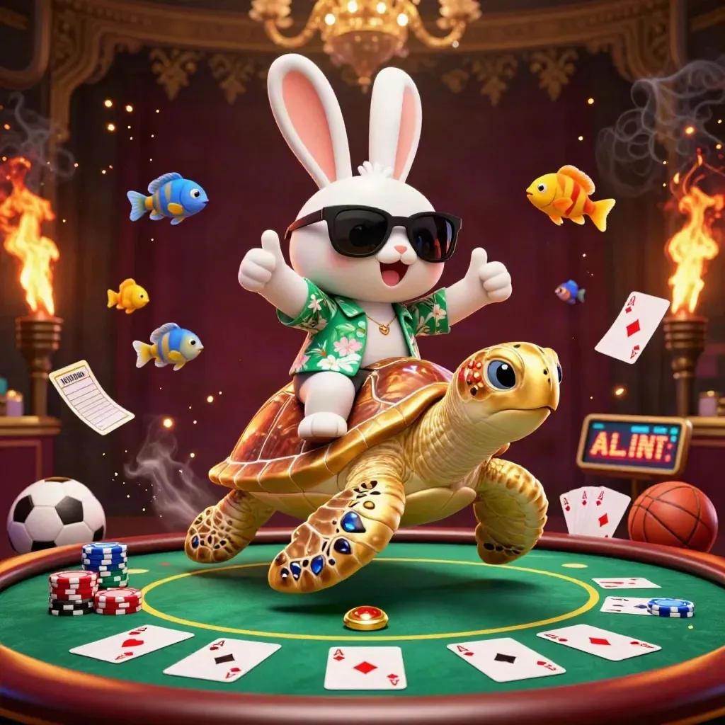 Lucky rabbit on jeweled sea turtle amid chips, cards, soccer ball, basketball, and gold casino lights.