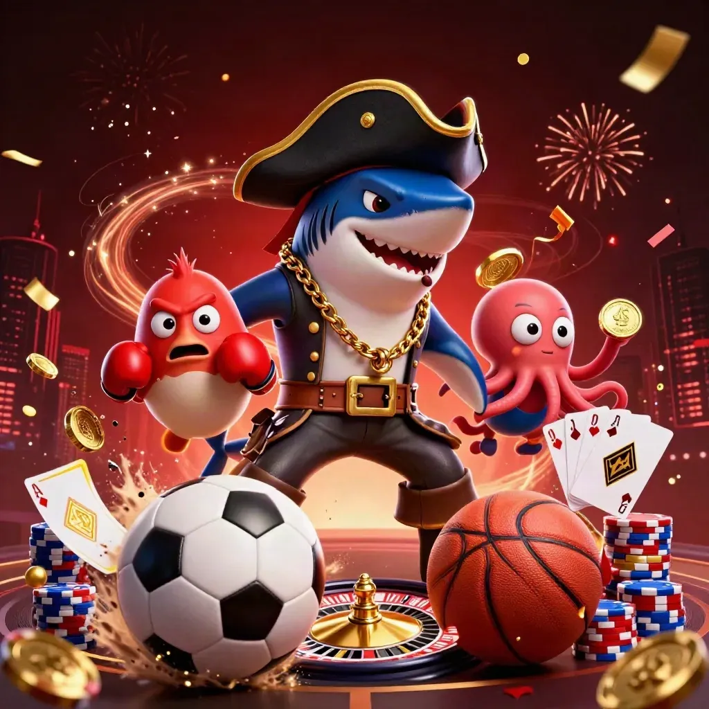 Cartoon pirate shark, pufferfish, and octopus amid casino chips, coins, and flying sports balls.