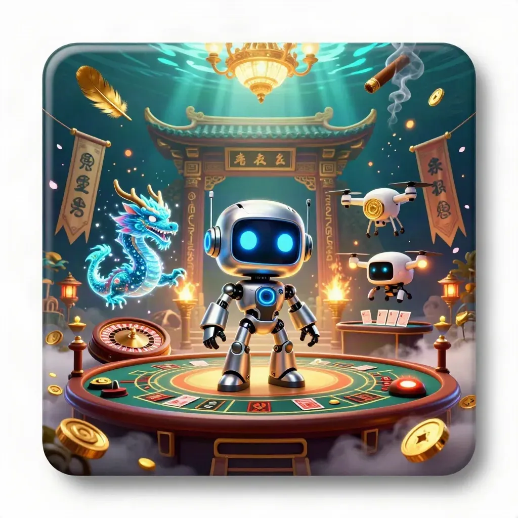 Cyberpunk casino heroes in a torch-lit ring with dragon, drone, coins, and teal underwater glow