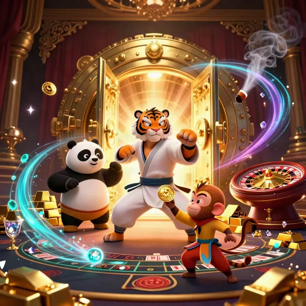 Tiger, panda, and monkey in a vault of gold, neon glow, and luxury casino smoke.