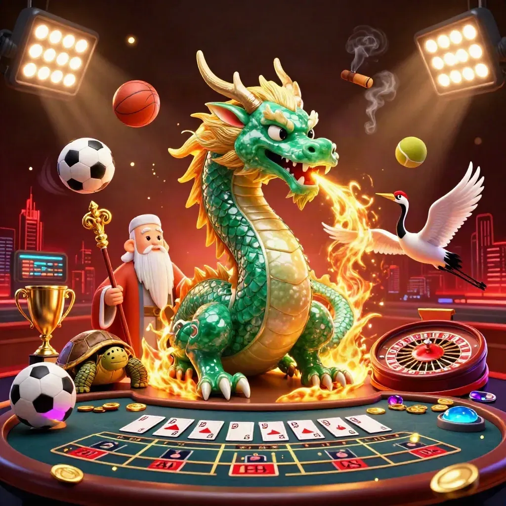 Emerald dragon, turtle sage, and cranes amid casino lights, coins, and glowing game elements.