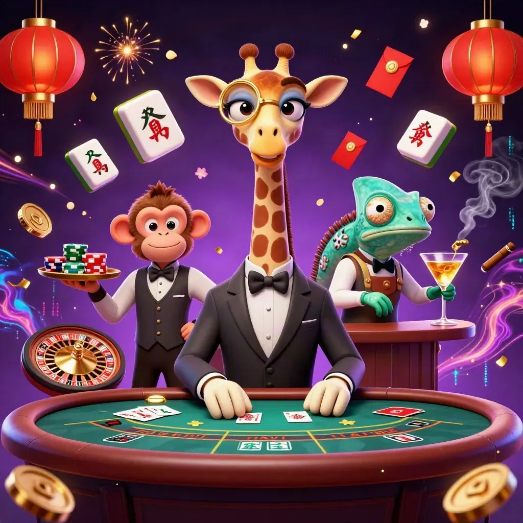Giraffe, monkey, and chameleon in a glam casino scene with lanterns, coins, and neon energy.