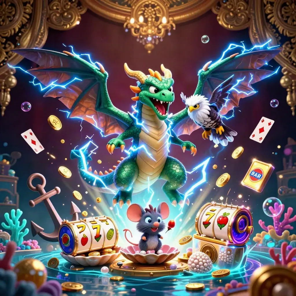 Thunder dragon, wind hawk, and static mouse erupt through a jeweled underwater treasure cove.