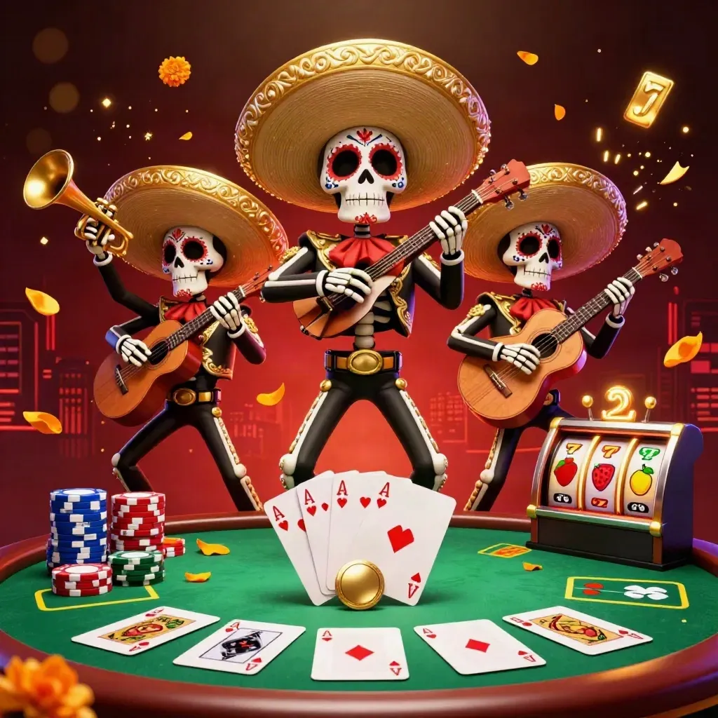 Skeleton mariachi trio amid poker chips, cards, reels, and emerald casino glow.